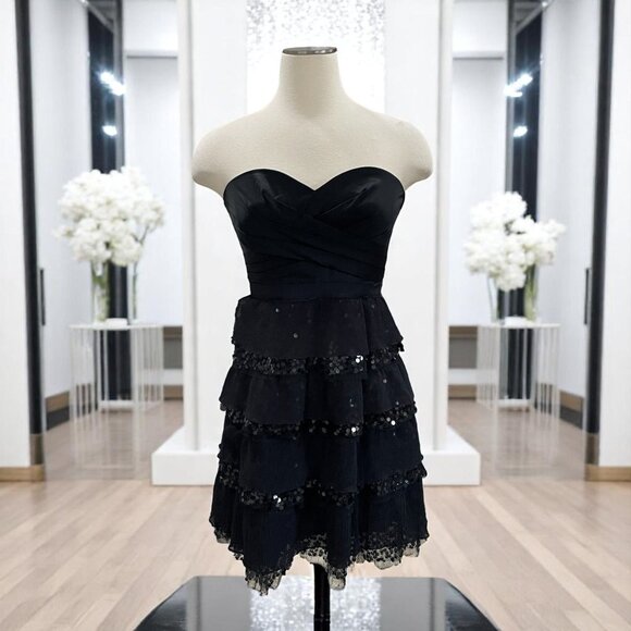 BCBG Max Azria Strapless Black Sequin Dress Tiered Ruffle Mini Formal Size 6 - Picture 1 of 13
